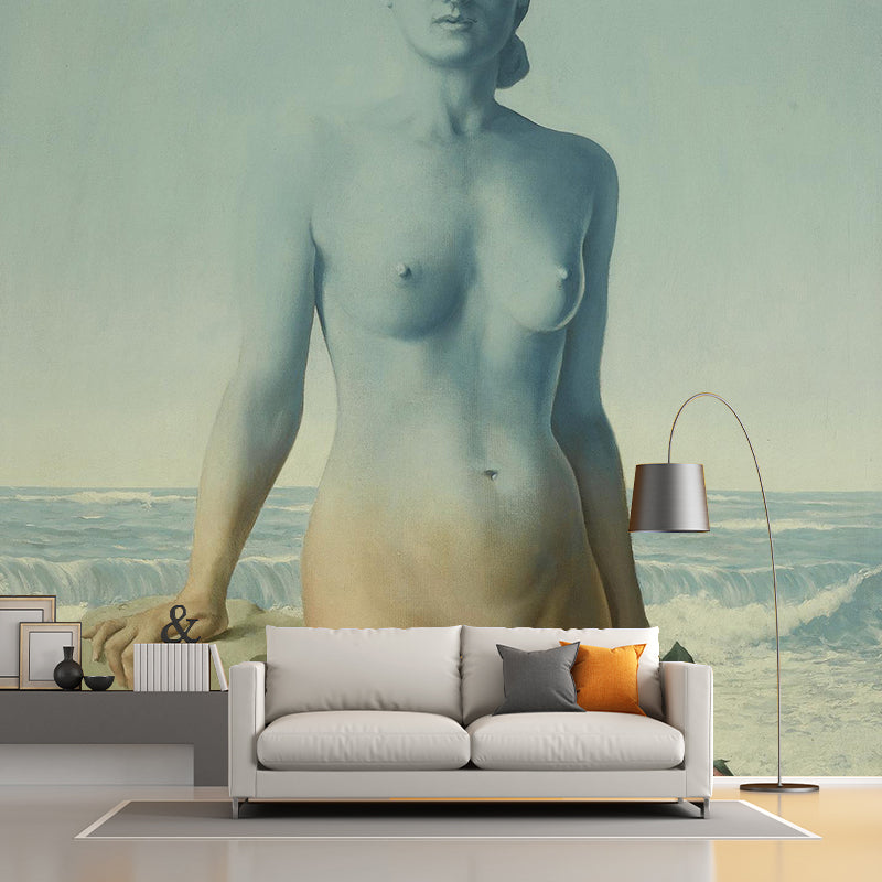 Surreal Naked Woman Portrait Murals Yellow-Blue Seacoast Background Wall Art for Bedroom Clearhalo 'Wall Decor' 'Wall Mural' 1393668