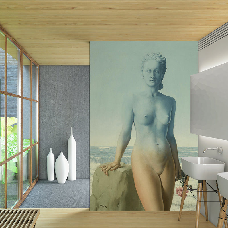 Surreal Naked Woman Portrait Murals Yellow-Blue Seacoast Background Wall Art for Bedroom Clearhalo 'Wall Decor' 'Wall Mural' 1393669