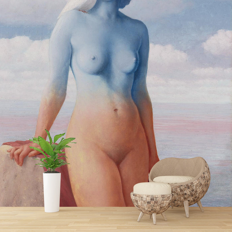 Surreal Naked Woman Portrait Murals Yellow-Blue Seacoast Background Wall Art for Bedroom Orange-Blue Clearhalo 'Wall Decor' 'Wall Mural' 1393672