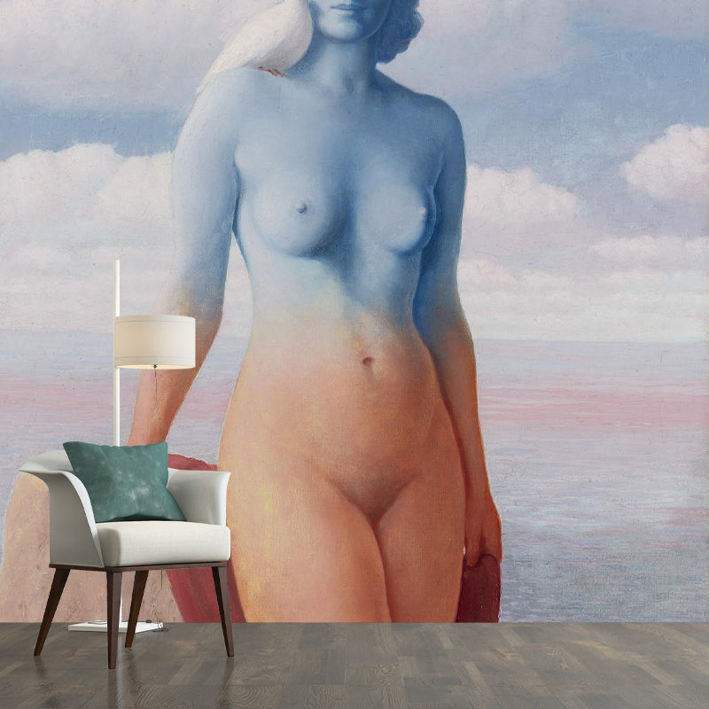 Surreal Naked Woman Portrait Murals Yellow-Blue Seacoast Background Wall Art for Bedroom Clearhalo 'Wall Decor' 'Wall Mural' 1393674