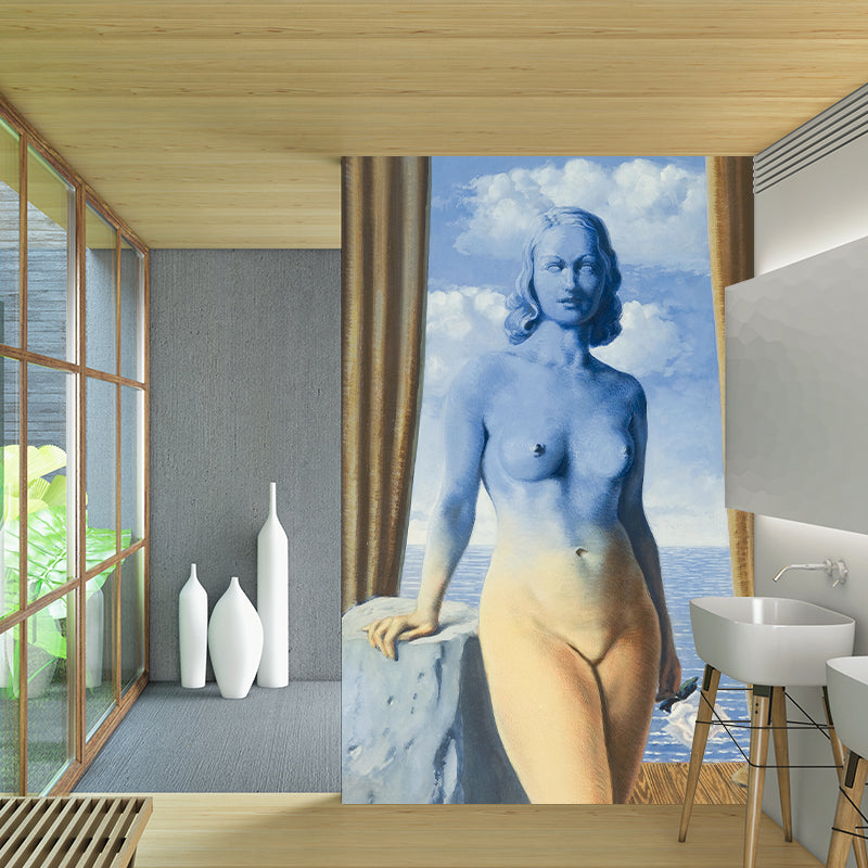 Surreal Naked Woman Portrait Murals Yellow-Blue Seacoast Background Wall Art for Bedroom Clearhalo 'Wall Decor' 'Wall Mural' 1393678