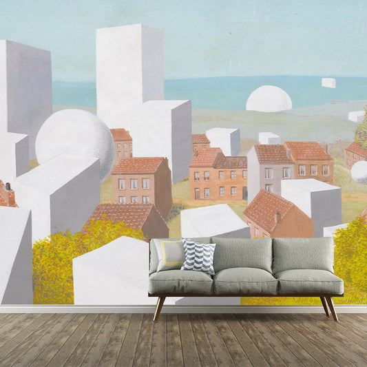 Orange-Yellow Surrealist Wallpaper Murals Full-Size Coastal Town Painting Wall Decor for Home Clearhalo 'Wall Decor' 'Wall Mural' 1393683