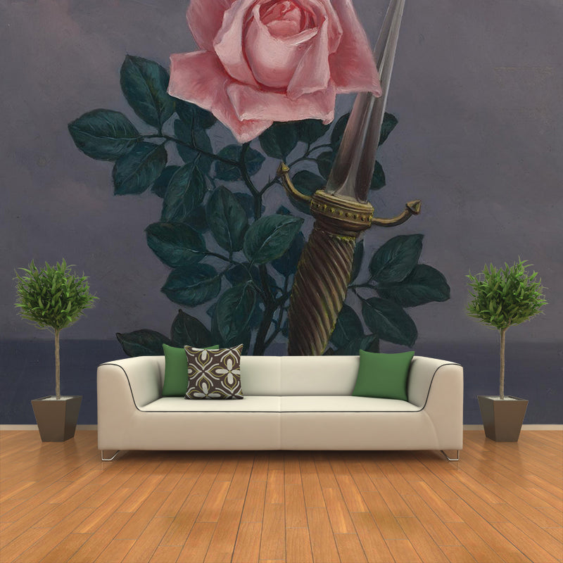 Art Rose and Knight Murals Wallpaper Surreal Non-Woven Fabric Wall Decor in Pink-Green Clearhalo 'Wall Decor' 'Wall Mural' 1393713