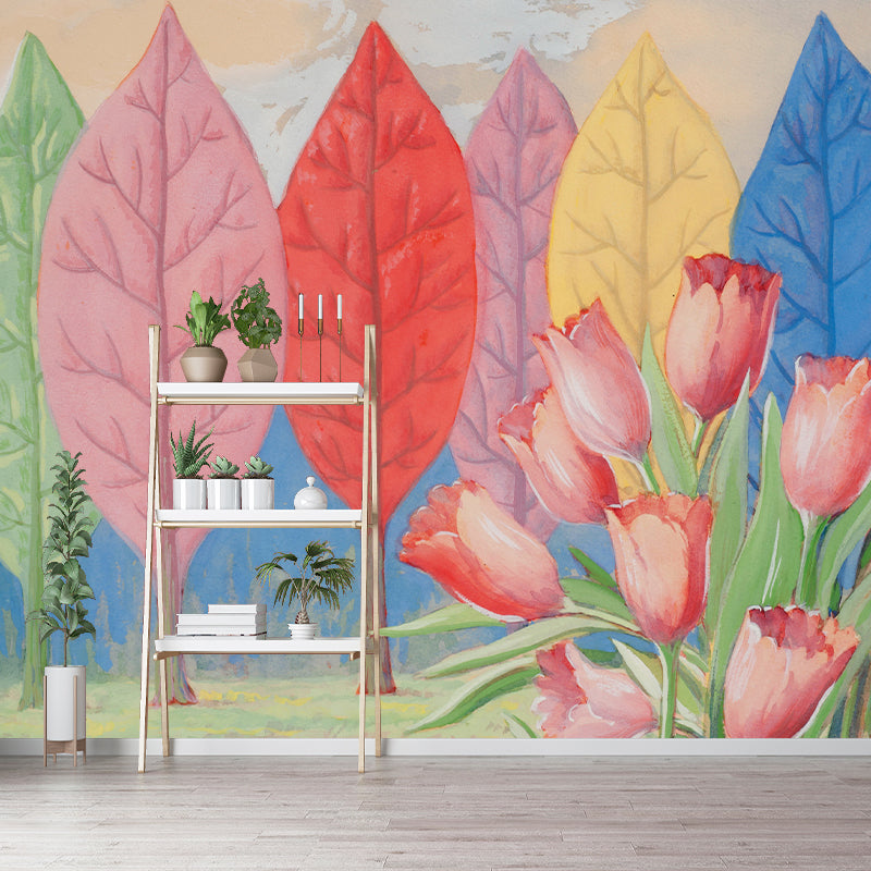 Leaf Tree and Tulip Murals Decal Multicolored Surrealism Wall Art for Living Room Pink-Blue-Yellow-Red-Green Clearhalo 'Wall Decor' 'Wall Mural' 1393737