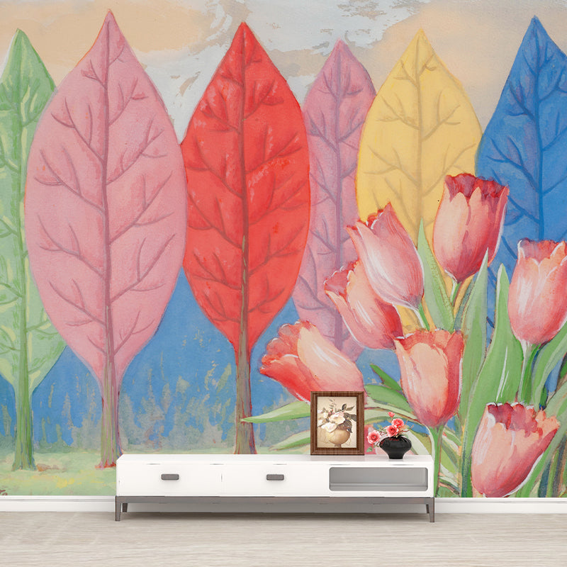 Leaf Tree and Tulip Murals Decal Multicolored Surrealism Wall Art for Living Room Clearhalo 'Wall Decor' 'Wall Mural' 1393738