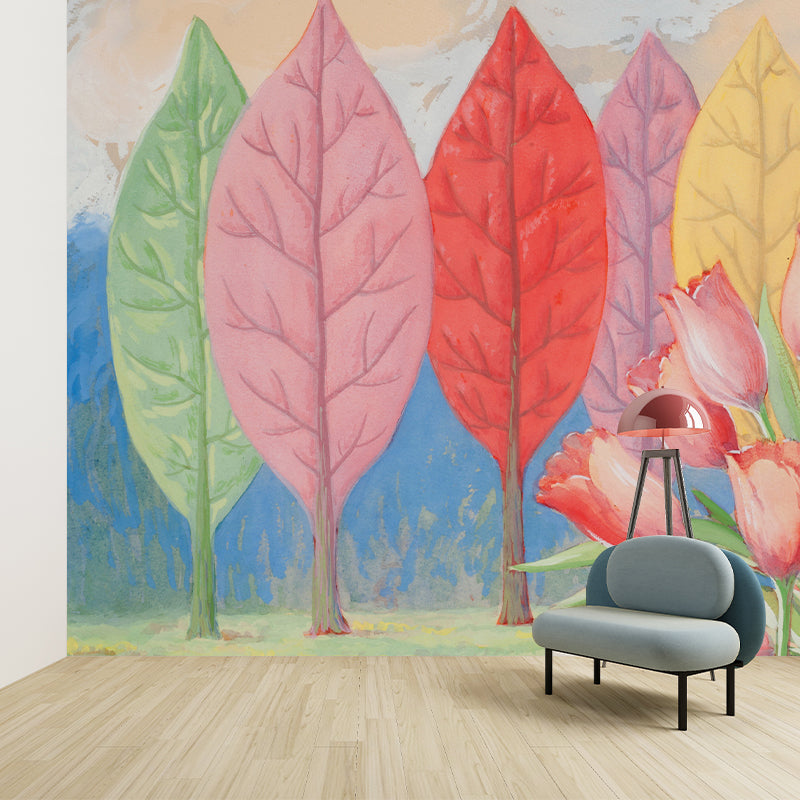 Leaf Tree and Tulip Murals Decal Multicolored Surrealism Wall Art for Living Room Clearhalo 'Wall Decor' 'Wall Mural' 1393739