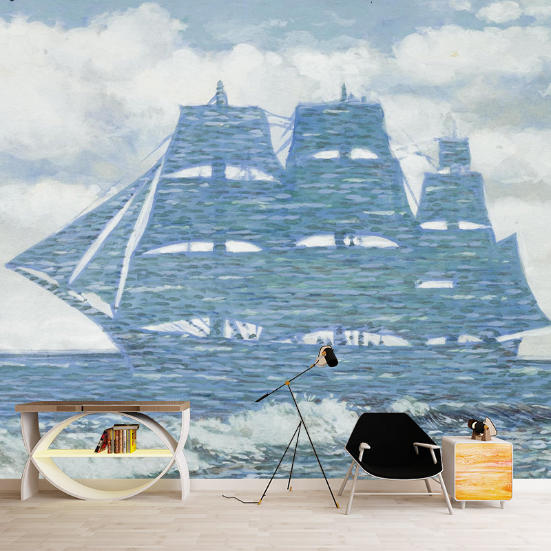 Big Sailing Ship Wallpaper Murals Surrealism Inspiring Artwork Wall Covering in Pink-Blue Clearhalo 'Wall Decor' 'Wall Mural' 1393783