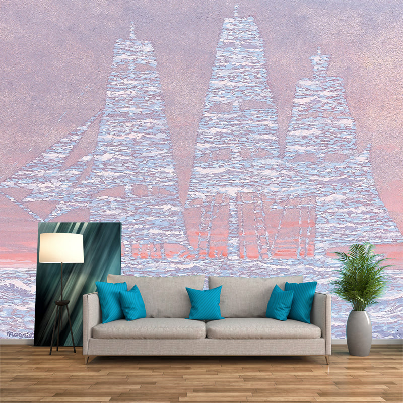 Big Sailing Ship Wallpaper Murals Surrealism Inspiring Artwork Wall Covering in Pink-Blue Pink-Blue Clearhalo 'Wall Decor' 'Wall Mural' 1393787