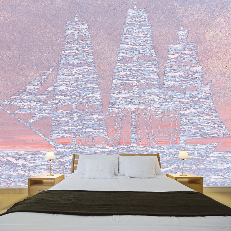 Big Sailing Ship Wallpaper Murals Surrealism Inspiring Artwork Wall Covering in Pink-Blue Clearhalo 'Wall Decor' 'Wall Mural' 1393789