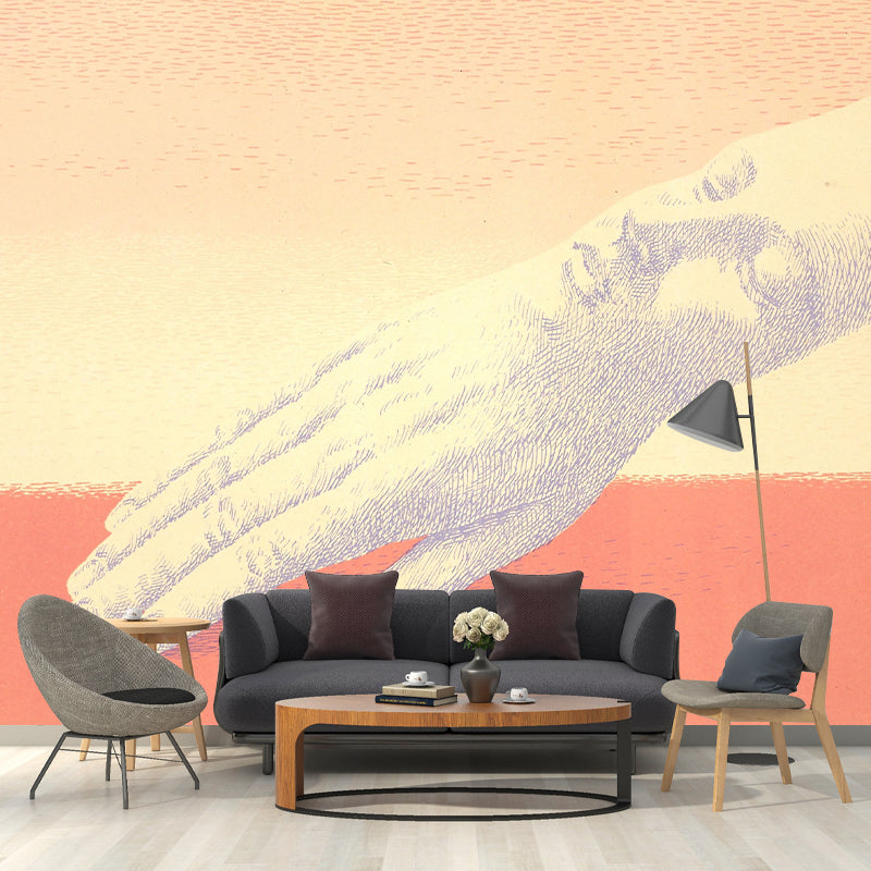 Surrealistic Wrist Face Mural Wallpaper in Orange-Yellow Moisture Resistant Wall Art for Bedroom Clearhalo 'Wall Decor' 'Wall Mural' 1393844