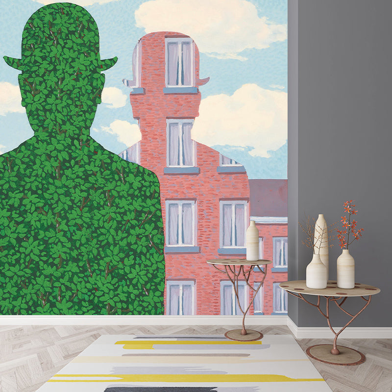 Surrealism Artwork Man Shape Mural Decal Pink-Green Moisture Resistant Wall Covering for Corridor Clearhalo 'Wall Decor' 'Wall Mural' 1393848