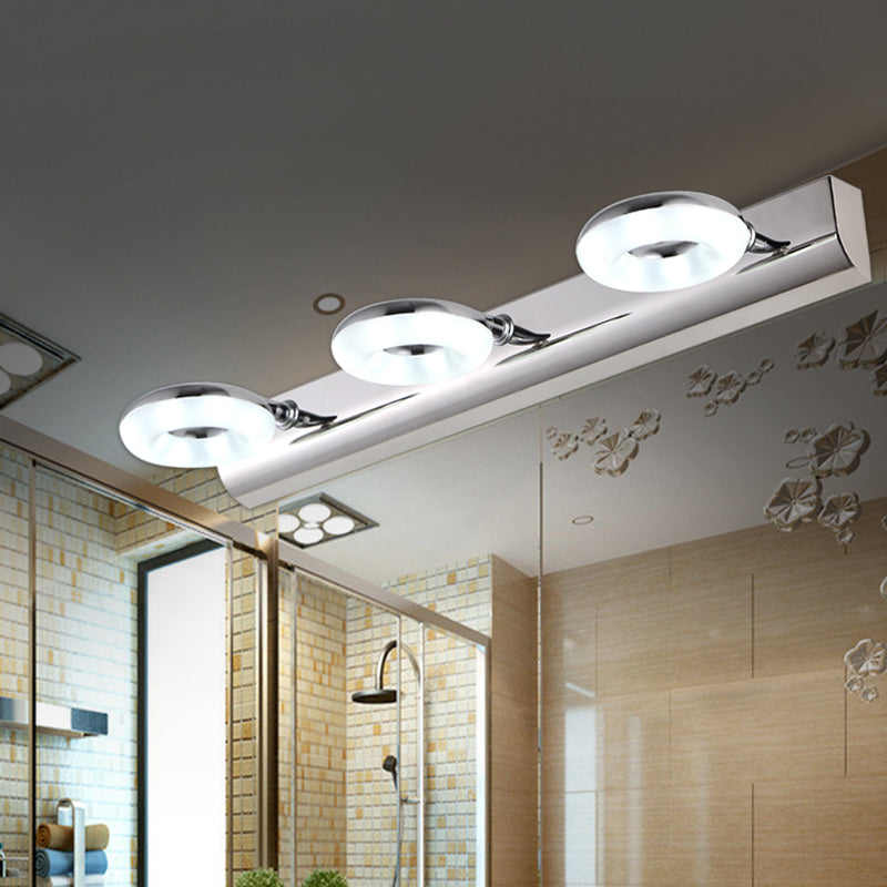 2/3 Heads Bathroom Wall Lighting with Circular Acrylic Shade Silver Finish Vanity Light in Warm/White Lighting 3.0 Silver Clearhalo 'Modern wall lights' 'Modern' 'Vanity Lights' 'Wall Lights' Lighting' 139422