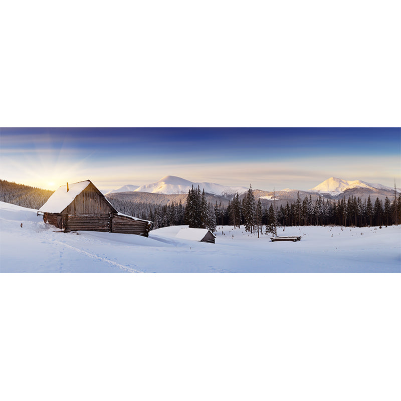 Winter Landscape Log Cabin Mural Nordic Non-Woven Cloth Wall Decor in Blue-Brown Clearhalo 'Wall Decor' 'Wall Mural' 1394878