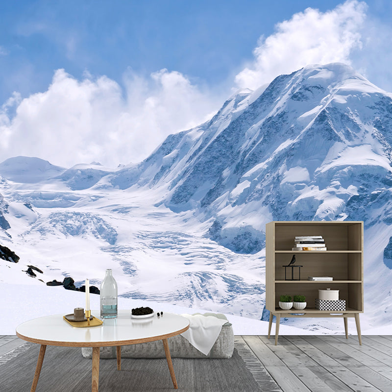 Big Snowy Field Wall Murals for Living Room Mountain Wall Decor in Blue-White, Moisture Resistant Blue-White Clearhalo 'Wall Decor' 'Wall Mural' 1395046