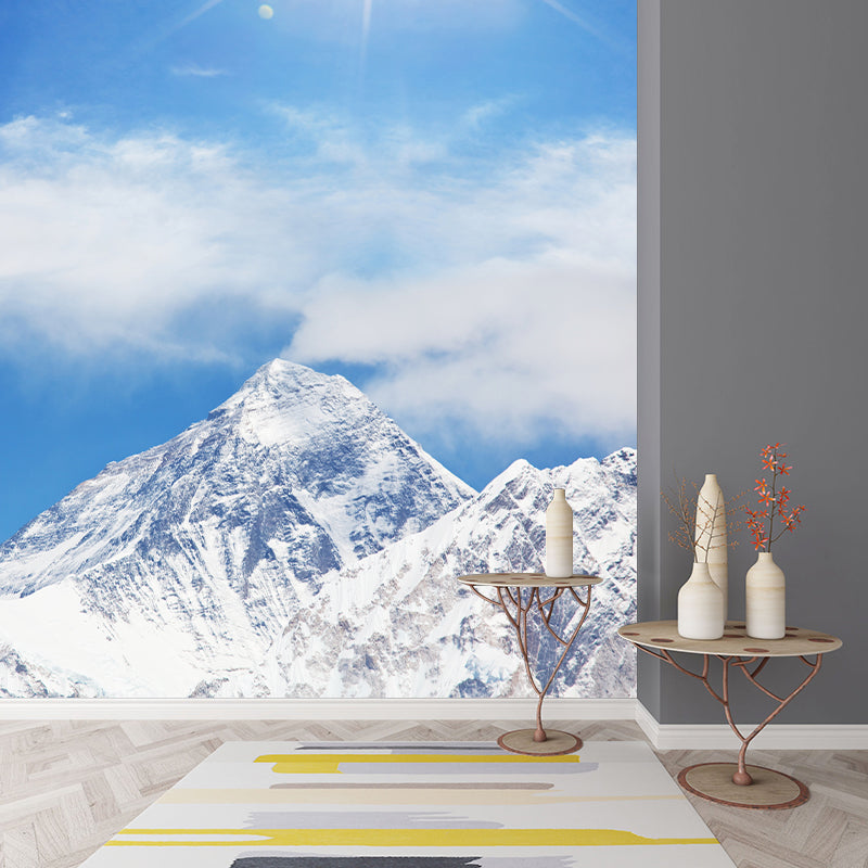 Sun Above Snowy Peak Mural in Blue-White Modernism Wall Art for Living Room, Non-Woven Blue-White Clearhalo 'Wall Decor' 'Wall Mural' 1395051