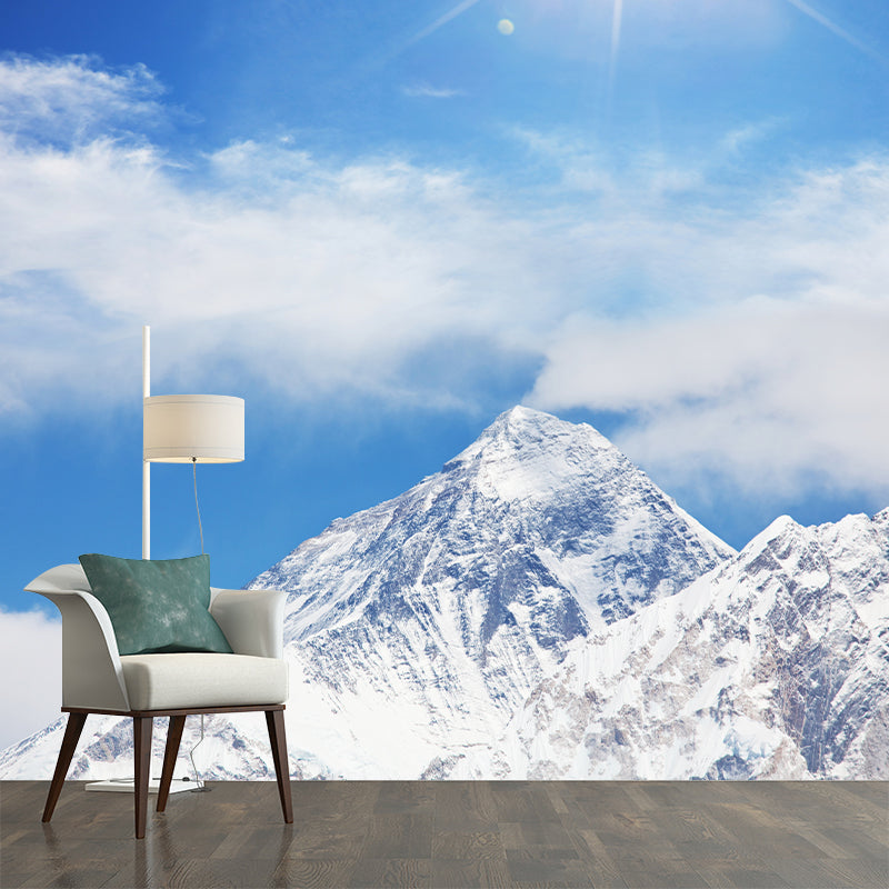 Sun Above Snowy Peak Mural in Blue-White Modernism Wall Art for Living Room, Non-Woven Clearhalo 'Wall Decor' 'Wall Mural' 1395052