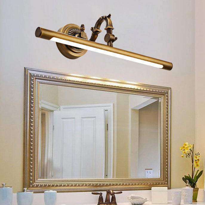 Metallic Tubular Wall Sconce Vintage Style 14"/18" W LED Vanity Wall Light with Curved Arm in Brass for Bathroom Brass Clearhalo 'Cast Iron' 'Glass' 'Industrial' 'Modern wall lights' 'Modern' 'Tiffany' 'Traditional wall lights' 'Vanity Lights' 'Wall Lights' Lighting' 139599