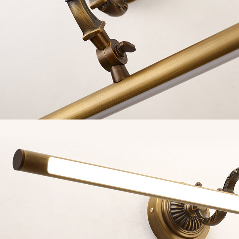 Metallic Tubular Wall Sconce Vintage Style 14"/18" W LED Vanity Wall Light with Curved Arm in Brass for Bathroom Clearhalo 'Cast Iron' 'Glass' 'Industrial' 'Modern wall lights' 'Modern' 'Tiffany' 'Traditional wall lights' 'Vanity Lights' 'Wall Lights' Lighting' 139607