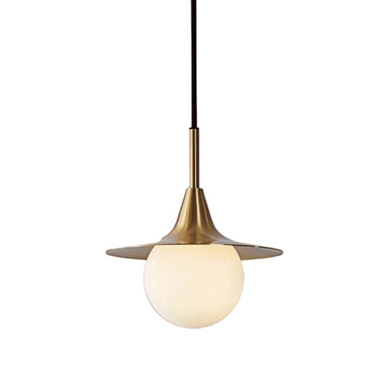 1 Light Flared Ceiling Pendant Light with Milk Glass Ball Shade Mid Century Brass Hanging Lamp for Dining Table Clearhalo 'Ceiling Lights' 'Modern Pendants' 'Modern' 'Pendant Lights' 'Pendants' Lighting' 139691