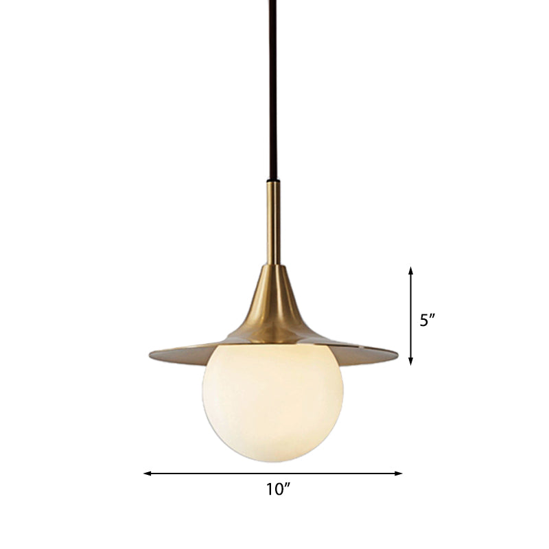 1 Light Flared Ceiling Pendant Light with Milk Glass Ball Shade Mid Century Brass Hanging Lamp for Dining Table Clearhalo 'Ceiling Lights' 'Modern Pendants' 'Modern' 'Pendant Lights' 'Pendants' Lighting' 139692