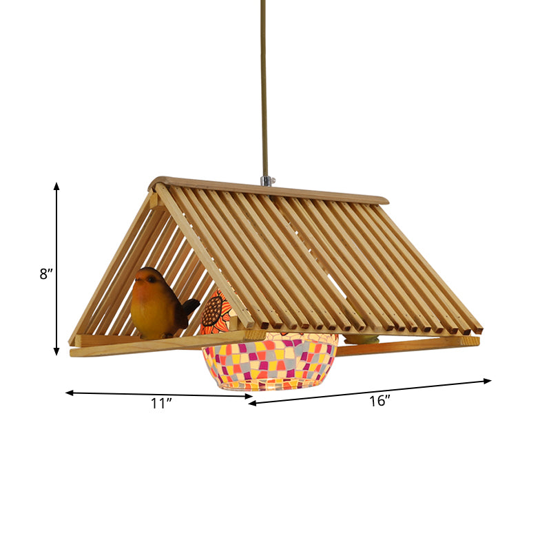 Roof Shaped Hanging Pendant Light Modern Style Wood 1/2-Head Beige Hanging Light Fixture, 16"/19.5" W Clearhalo 'Ceiling Lights' 'Island Lights' Lighting' 139706