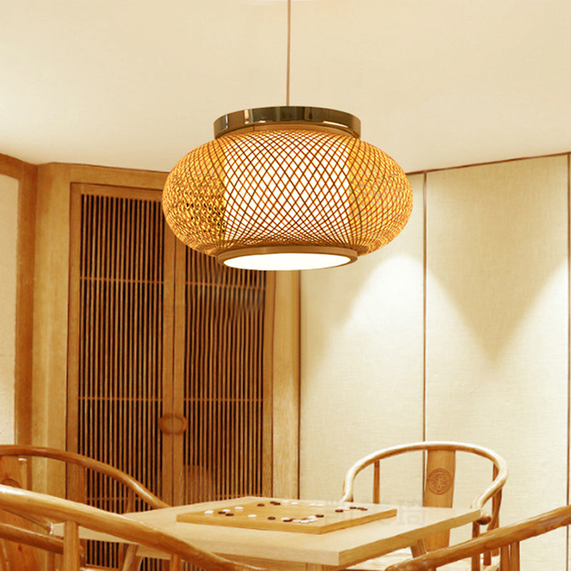 Asian Style 1 Light Hanging Lamp with Bamboo Shade Beige Rounded Drum Pendant Light Fixture, 16"/19.5" W Clearhalo 'Ceiling Lights' 'Pendant Lights' 'Pendants' Lighting' 139798