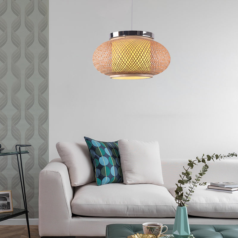 Asian Style 1 Light Hanging Lamp with Bamboo Shade Beige Rounded Drum Pendant Light Fixture, 16"/19.5" W Clearhalo 'Ceiling Lights' 'Pendant Lights' 'Pendants' Lighting' 139799