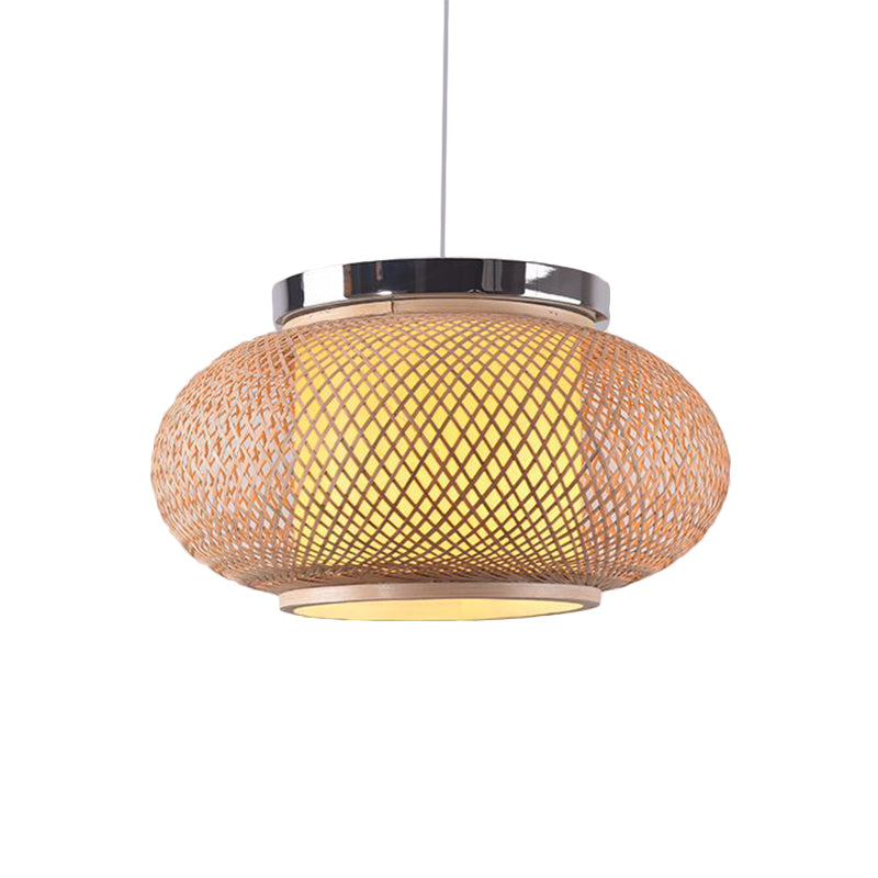 Asian Style 1 Light Hanging Lamp with Bamboo Shade Beige Rounded Drum Pendant Light Fixture, 16"/19.5" W Clearhalo 'Ceiling Lights' 'Pendant Lights' 'Pendants' Lighting' 139800