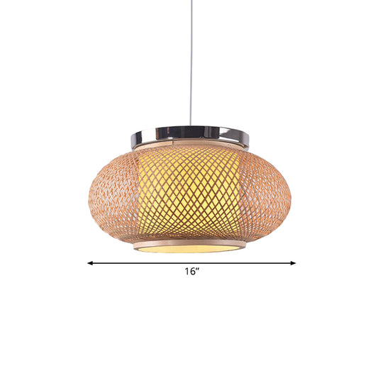 Asian Style 1 Light Hanging Lamp with Bamboo Shade Beige Rounded Drum Pendant Light Fixture, 16"/19.5" W Clearhalo 'Ceiling Lights' 'Pendant Lights' 'Pendants' Lighting' 139801