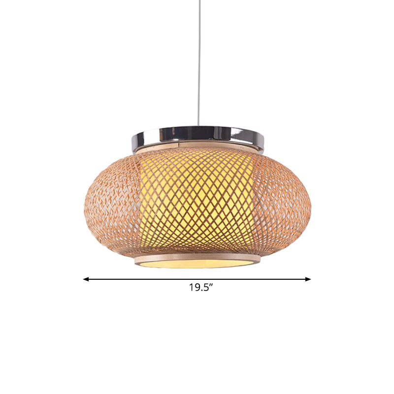 Asian Style 1 Light Hanging Lamp with Bamboo Shade Beige Rounded Drum Pendant Light Fixture, 16"/19.5" W Clearhalo 'Ceiling Lights' 'Pendant Lights' 'Pendants' Lighting' 139802