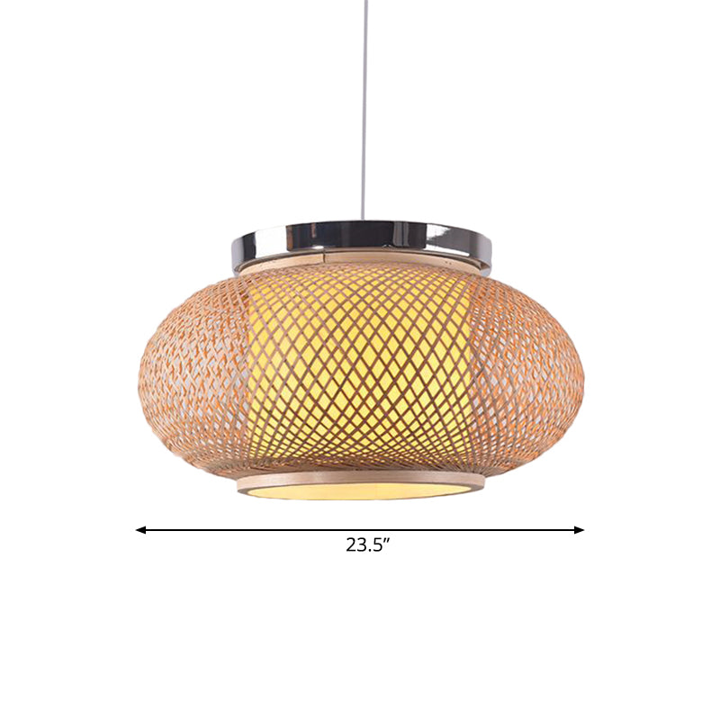 Asian Style 1 Light Hanging Lamp with Bamboo Shade Beige Rounded Drum Pendant Light Fixture, 16"/19.5" W Clearhalo 'Ceiling Lights' 'Pendant Lights' 'Pendants' Lighting' 139803