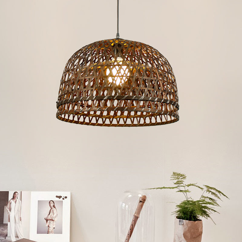 Brown/Wood Dome Shade Hanging Light Modern Style 13"/21" Dia 1 Light Bamboo Pendant Lamp for Restaurant Clearhalo 'Ceiling Lights' 'Pendant Lights' 'Pendants' Lighting' 139838