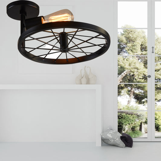 Industrial Style Bare Bulb Pendant Light with Wheel Deco 1-Light Metal Hanging Lamp in Black Black Clearhalo 'Ceiling Lights' 'Close To Ceiling Lights' 'Close to ceiling' 'Semi-flushmount' Lighting' 139854