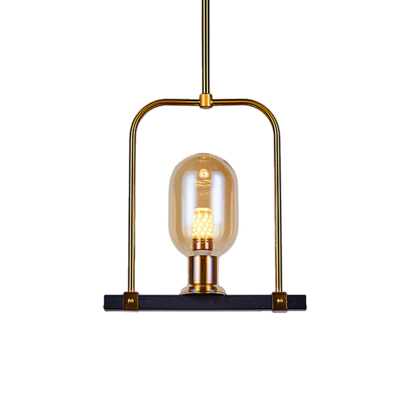 Oval Shape Pendant Lighting Post Modern Amber Glass Single Bulb Black-Gold Hanging Light Kit with Bird Cage Design Clearhalo 'Ceiling Lights' 'Glass shade' 'Glass' 'Modern Pendants' 'Modern' 'Pendant Lights' 'Pendants' Lighting' 1398866