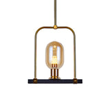 Oval Shape Pendant Lighting Post Modern Amber Glass Single Bulb Black-Gold Hanging Light Kit with Bird Cage Design Clearhalo 'Ceiling Lights' 'Glass shade' 'Glass' 'Modern Pendants' 'Modern' 'Pendant Lights' 'Pendants' Lighting' 1398866