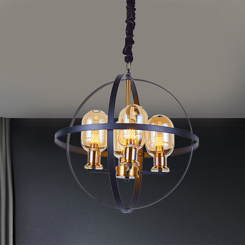 Amber Glass Ellipse Pendant Chandelier Contemporary 4/6-Light Black-Gold Suspension Lamp with Orb Frame Design 4 Black-Gold Clearhalo 'Ceiling Lights' 'Chandeliers' 'Glass shade' 'Glass' 'Island Lights' 'Modern Chandeliers' 'Modern' Lighting' 1398885