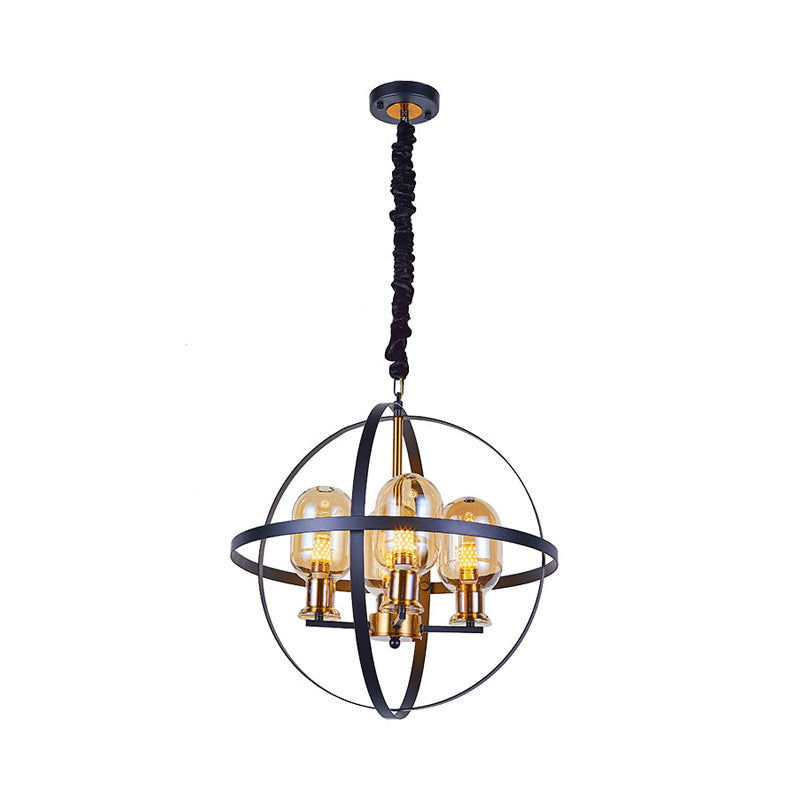 Amber Glass Ellipse Pendant Chandelier Contemporary 4/6-Light Black-Gold Suspension Lamp with Orb Frame Design Clearhalo 'Ceiling Lights' 'Chandeliers' 'Glass shade' 'Glass' 'Island Lights' 'Modern Chandeliers' 'Modern' Lighting' 1398886