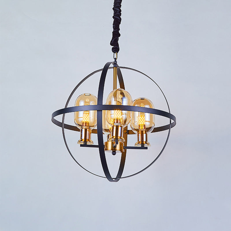 Amber Glass Ellipse Pendant Chandelier Contemporary 4/6-Light Black-Gold Suspension Lamp with Orb Frame Design Clearhalo 'Ceiling Lights' 'Chandeliers' 'Glass shade' 'Glass' 'Island Lights' 'Modern Chandeliers' 'Modern' Lighting' 1398887