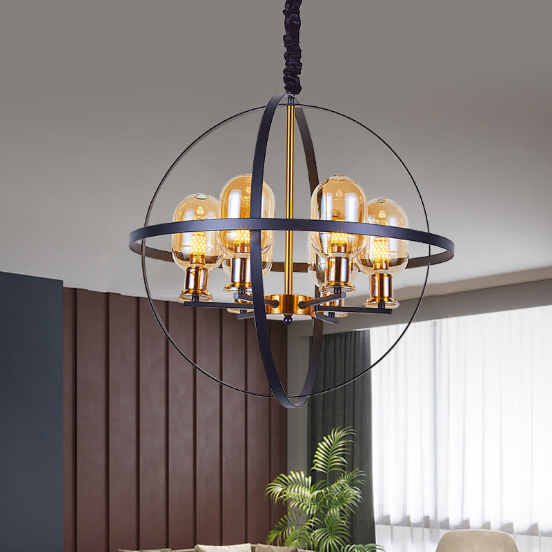 Amber Glass Ellipse Pendant Chandelier Contemporary 4/6-Light Black-Gold Suspension Lamp with Orb Frame Design 6 Black-Gold Clearhalo 'Ceiling Lights' 'Chandeliers' 'Glass shade' 'Glass' 'Island Lights' 'Modern Chandeliers' 'Modern' Lighting' 1398889