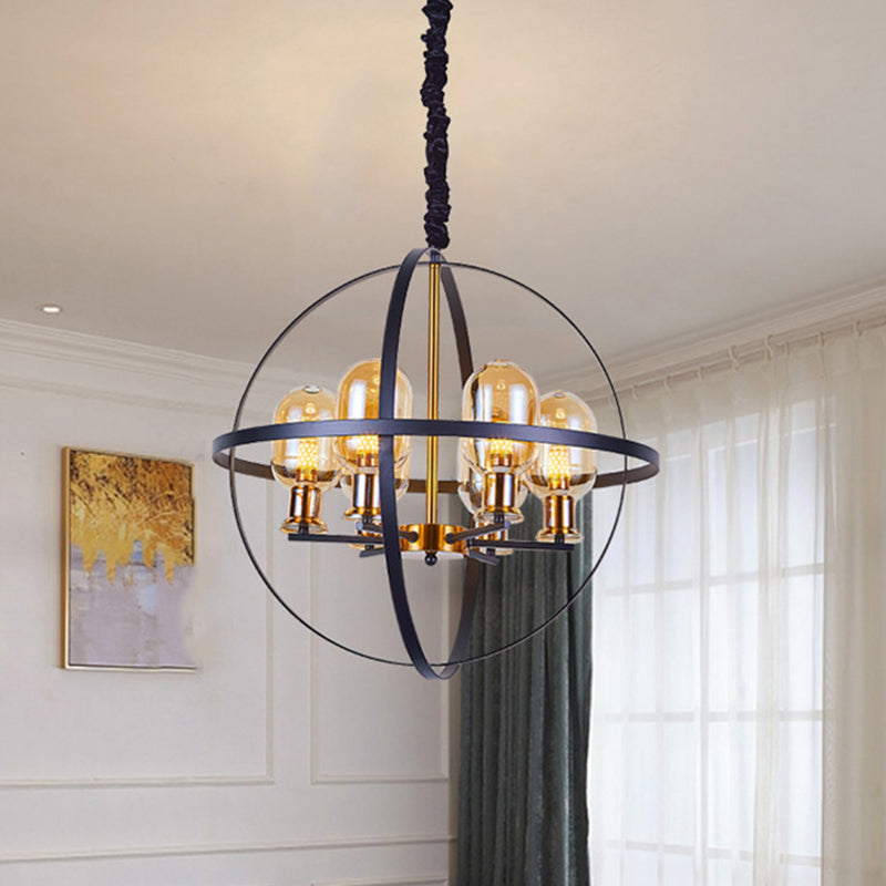 Amber Glass Ellipse Pendant Chandelier Contemporary 4/6-Light Black-Gold Suspension Lamp with Orb Frame Design Clearhalo 'Ceiling Lights' 'Chandeliers' 'Glass shade' 'Glass' 'Island Lights' 'Modern Chandeliers' 'Modern' Lighting' 1398890