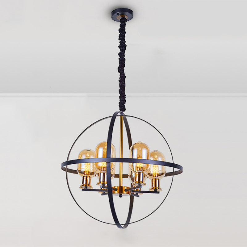 Amber Glass Ellipse Pendant Chandelier Contemporary 4/6-Light Black-Gold Suspension Lamp with Orb Frame Design Clearhalo 'Ceiling Lights' 'Chandeliers' 'Glass shade' 'Glass' 'Island Lights' 'Modern Chandeliers' 'Modern' Lighting' 1398891