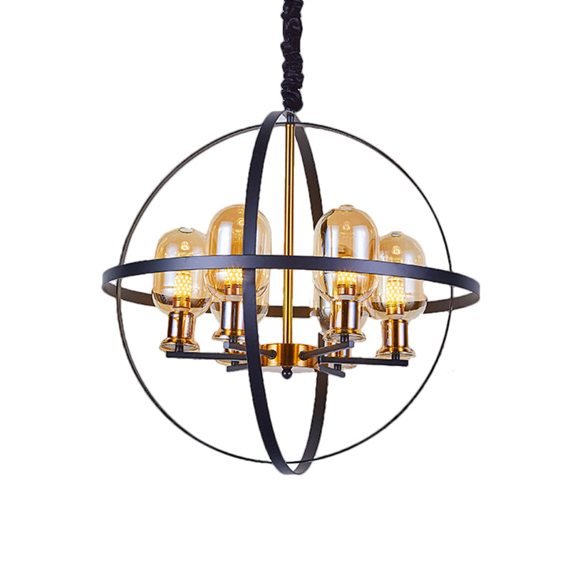 Amber Glass Ellipse Pendant Chandelier Contemporary 4/6-Light Black-Gold Suspension Lamp with Orb Frame Design Clearhalo 'Ceiling Lights' 'Chandeliers' 'Glass shade' 'Glass' 'Island Lights' 'Modern Chandeliers' 'Modern' Lighting' 1398892
