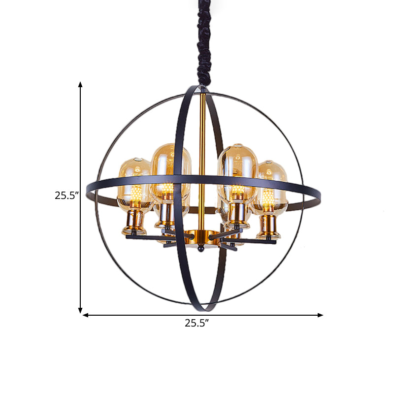 Amber Glass Ellipse Pendant Chandelier Contemporary 4/6-Light Black-Gold Suspension Lamp with Orb Frame Design Clearhalo 'Ceiling Lights' 'Chandeliers' 'Glass shade' 'Glass' 'Island Lights' 'Modern Chandeliers' 'Modern' Lighting' 1398893