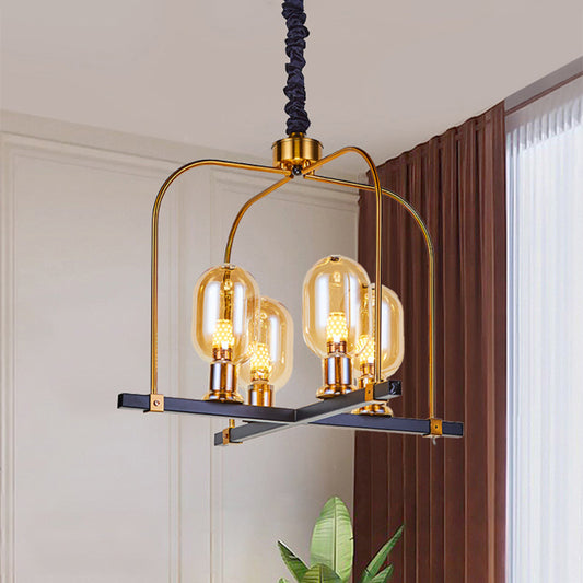 Black-Gold Oval Hanging Light Minimalism 4 Head Amber Glass Ceiling Chandelier with Metal Square Frame Clearhalo 'Ceiling Lights' 'Chandeliers' 'Glass shade' 'Glass' 'Modern Chandeliers' 'Modern' Lighting' 1398895