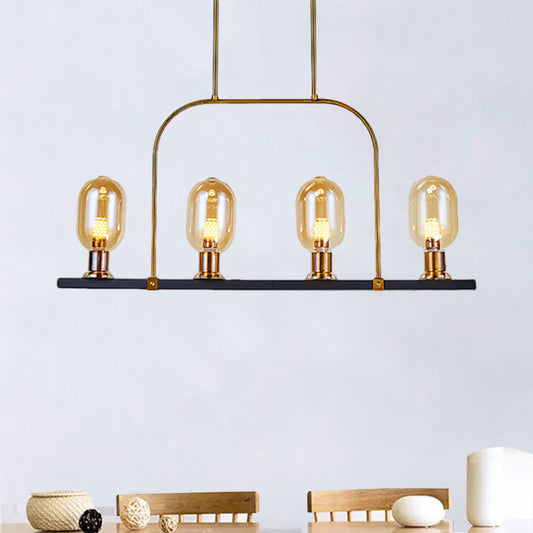 Bulb-Like Island Lighting Post Modern Amber Glass 4-Light Black-Gold Hanging Ceiling Lamp with Metallic Frame Black-Gold Clearhalo 'Ceiling Lights' 'Chandeliers' 'Glass shade' 'Glass' 'Island Lights' Lighting' 1398898