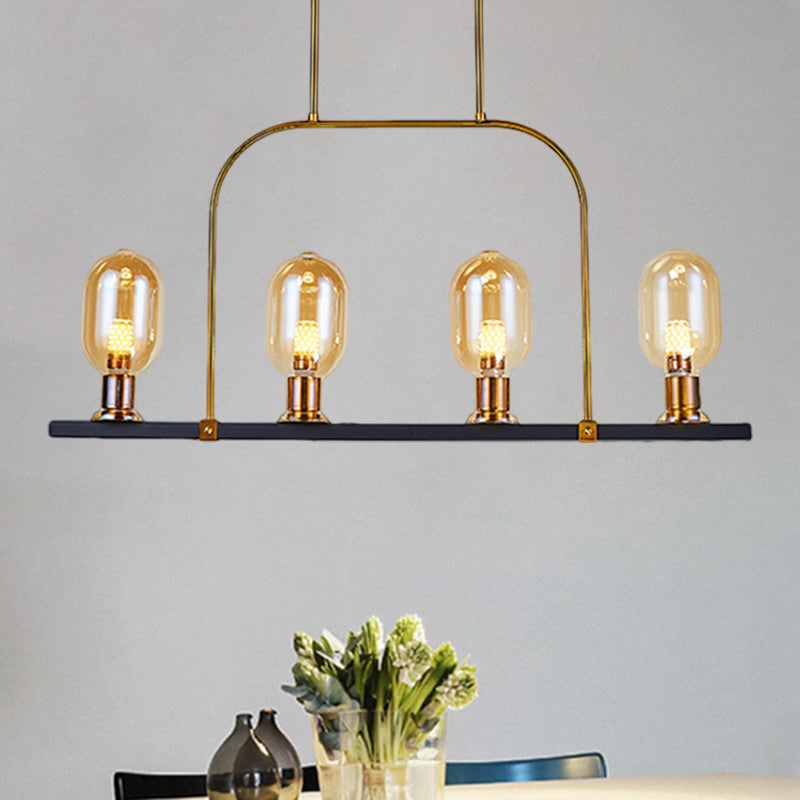 Bulb-Like Island Lighting Post Modern Amber Glass 4-Light Black-Gold Hanging Ceiling Lamp with Metallic Frame Clearhalo 'Ceiling Lights' 'Chandeliers' 'Glass shade' 'Glass' 'Island Lights' Lighting' 1398899