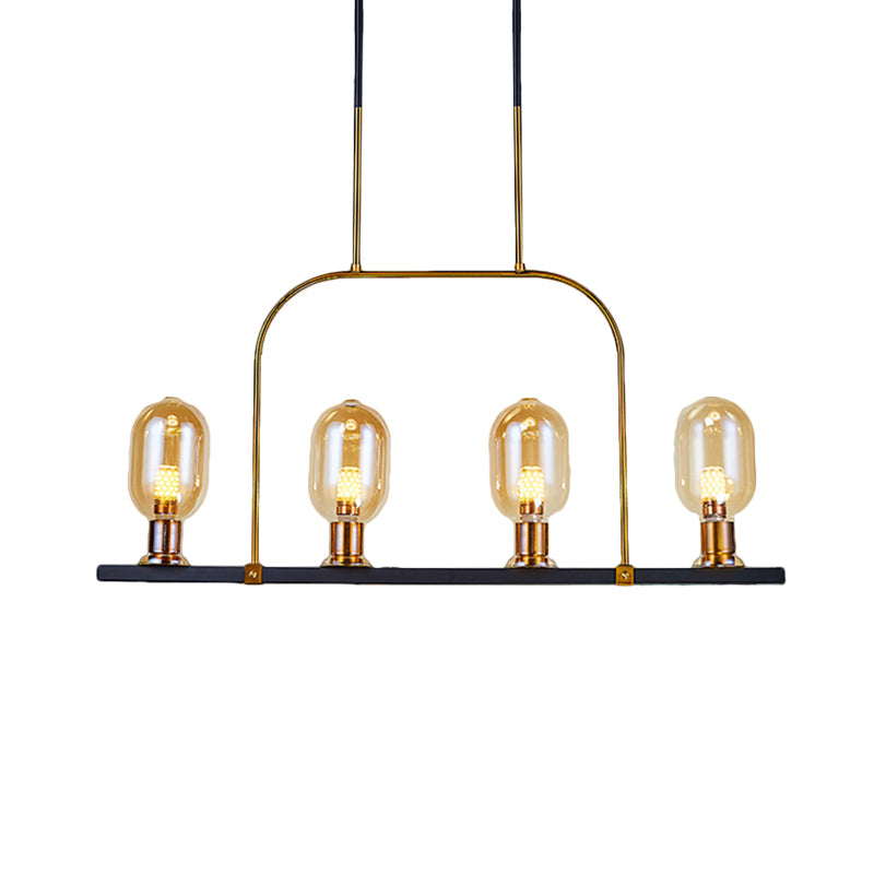 Bulb-Like Island Lighting Post Modern Amber Glass 4-Light Black-Gold Hanging Ceiling Lamp with Metallic Frame Clearhalo 'Ceiling Lights' 'Chandeliers' 'Glass shade' 'Glass' 'Island Lights' Lighting' 1398900
