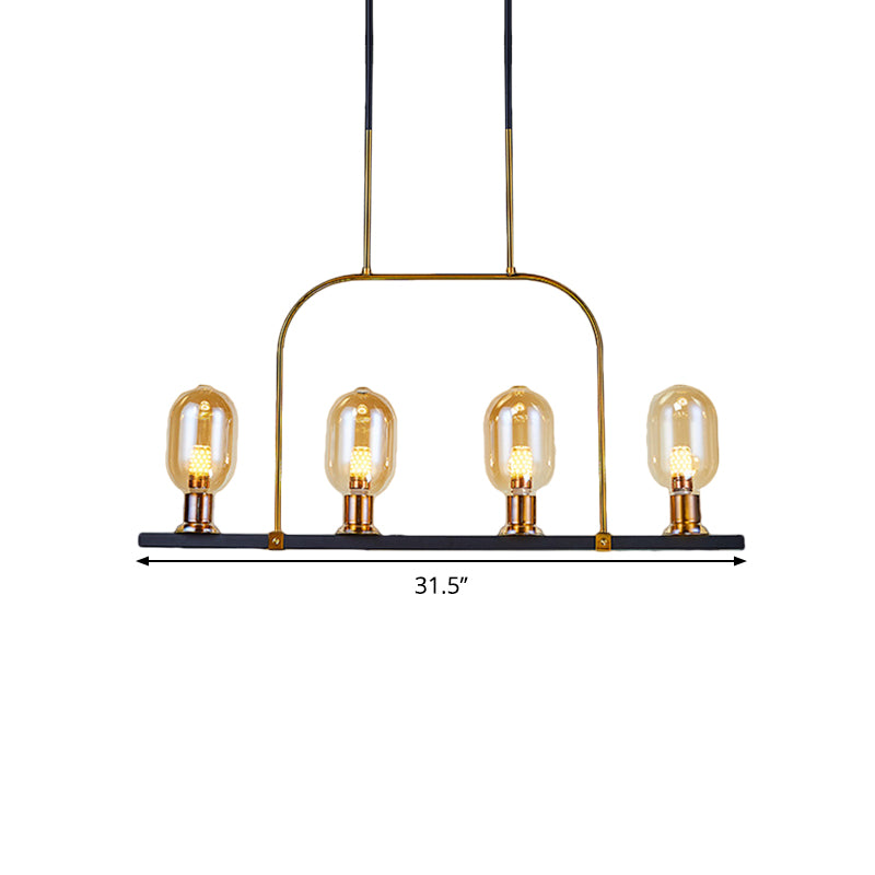Bulb-Like Island Lighting Post Modern Amber Glass 4-Light Black-Gold Hanging Ceiling Lamp with Metallic Frame Clearhalo 'Ceiling Lights' 'Chandeliers' 'Glass shade' 'Glass' 'Island Lights' Lighting' 1398901