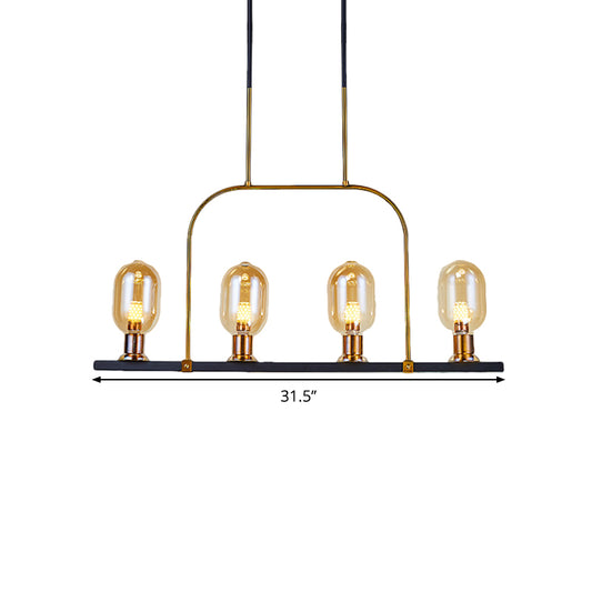 Bulb-Like Island Lighting Post Modern Amber Glass 4-Light Black-Gold Hanging Ceiling Lamp with Metallic Frame Clearhalo 'Ceiling Lights' 'Chandeliers' 'Glass shade' 'Glass' 'Island Lights' Lighting' 1398901