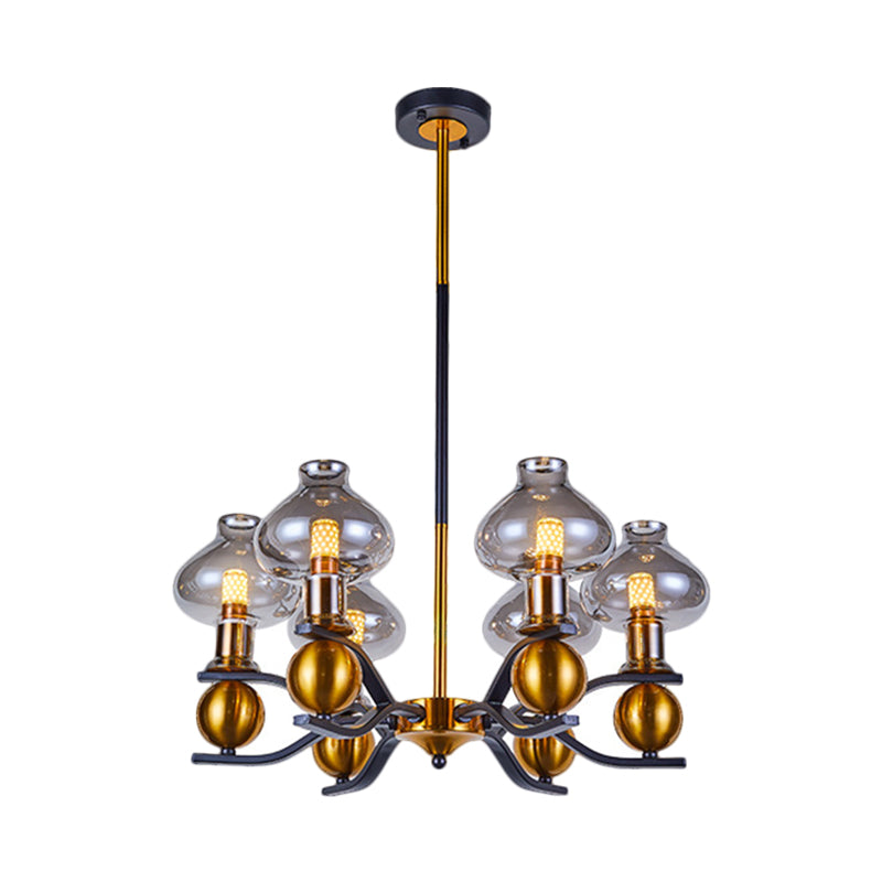 Simplicity Jar Shape Hanging Chandelier Smoke Gray Glass 6/8-Bulb Living Room Down Lighting with Curved Arm in Black and Gold Clearhalo 'Ceiling Lights' 'Chandeliers' 'Glass shade' 'Glass' 'Modern Chandeliers' 'Modern' Lighting' 1398903